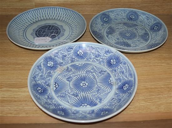 Three 19th century Chinese blue and white dishes diameter 27cm